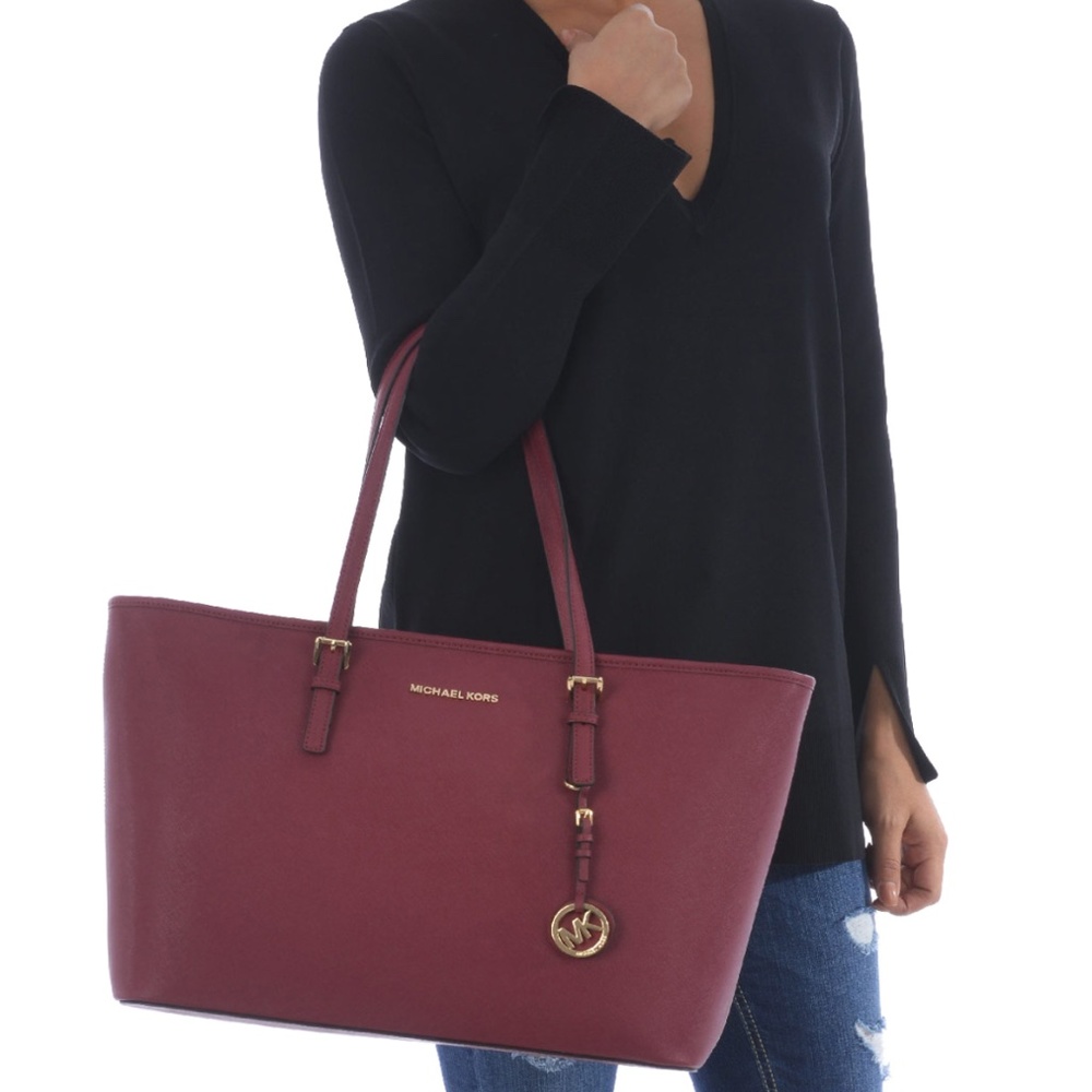 Michael Kors Mulberry Jet Set Travel Collection Saffiano Leather Zip Tote Bag
